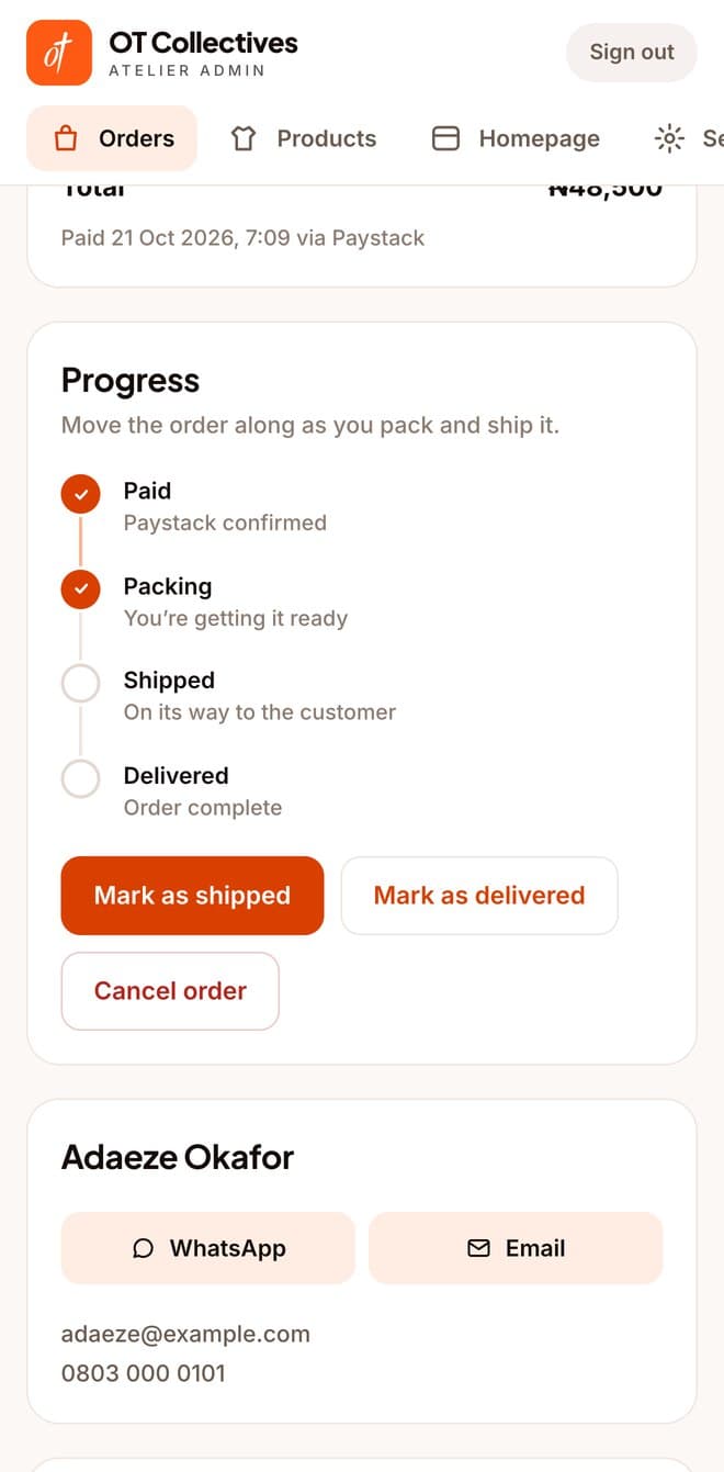 Admin order detail with progress