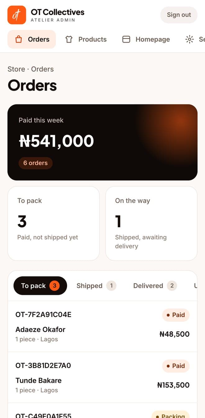 Admin orders dashboard