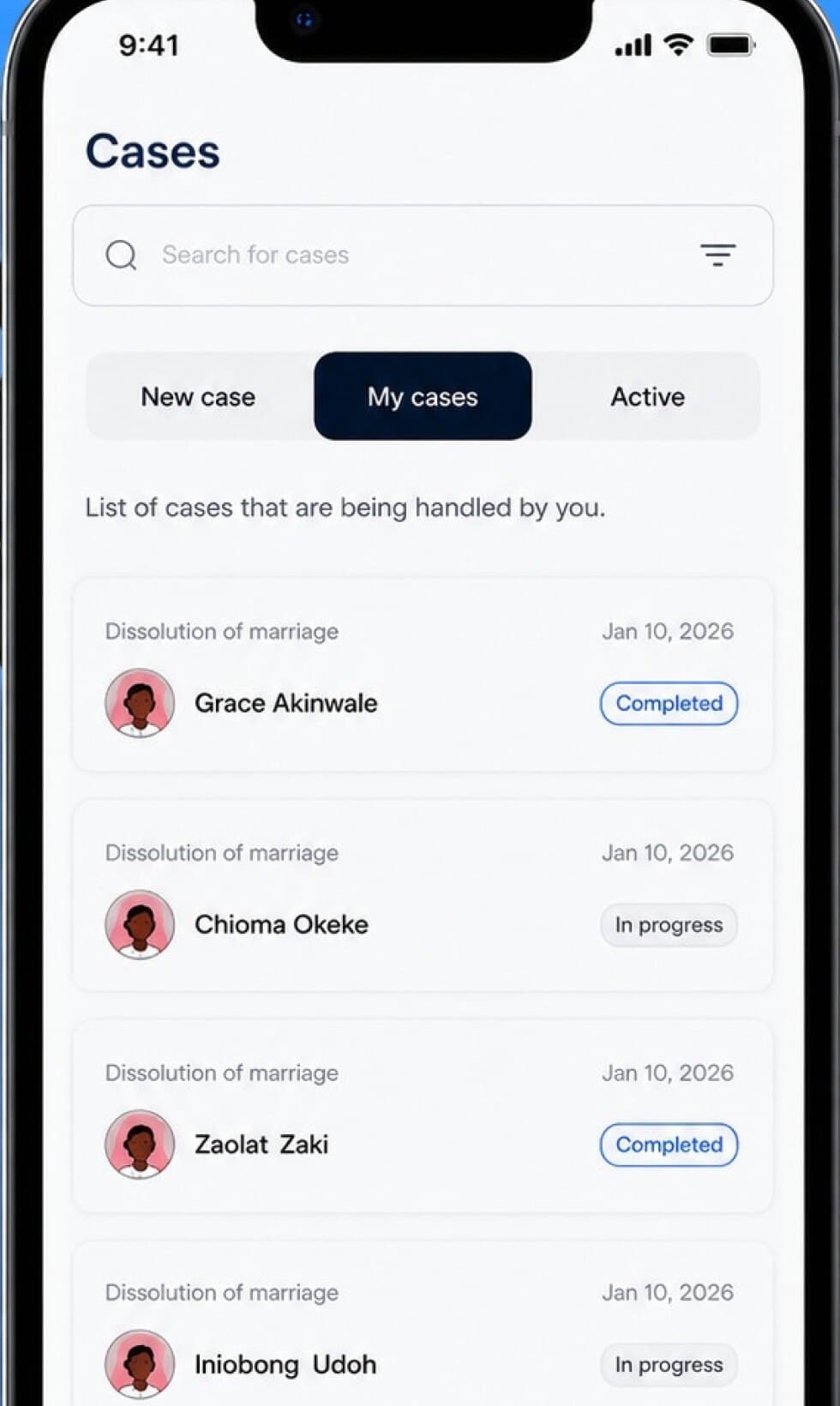 Cases list with statuses