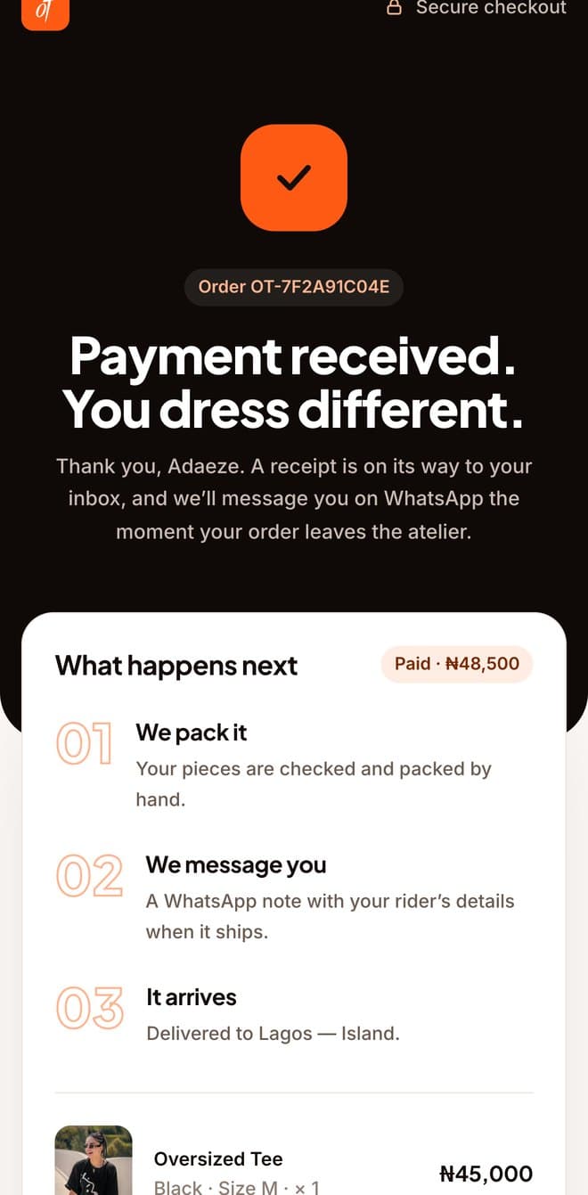 Order confirmed page