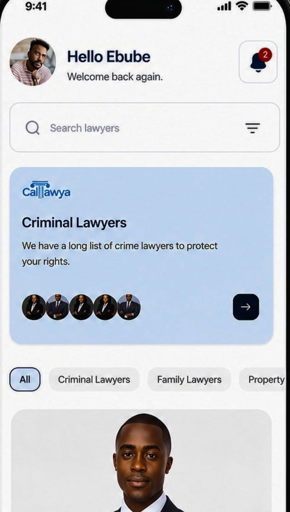 Call Lawya home screen with lawyer categories