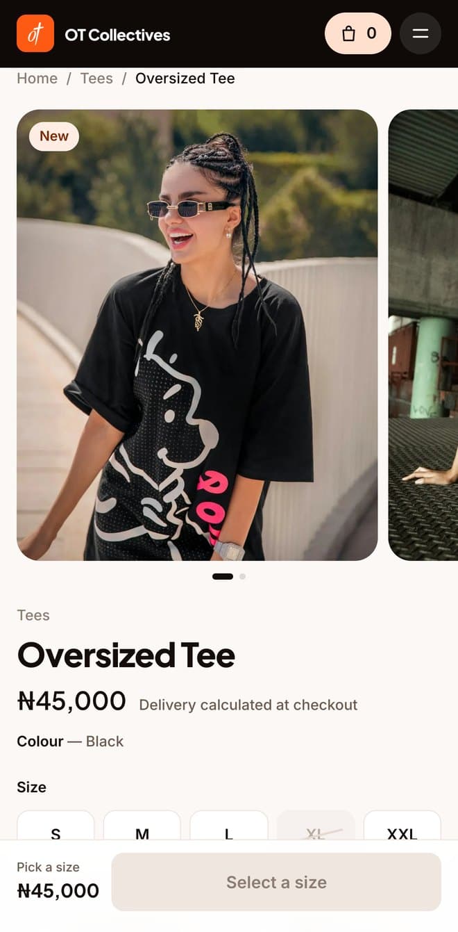 Product page with live sizes
